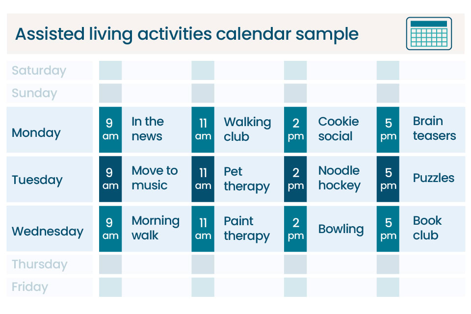 A sample calendar of assisted living activities.